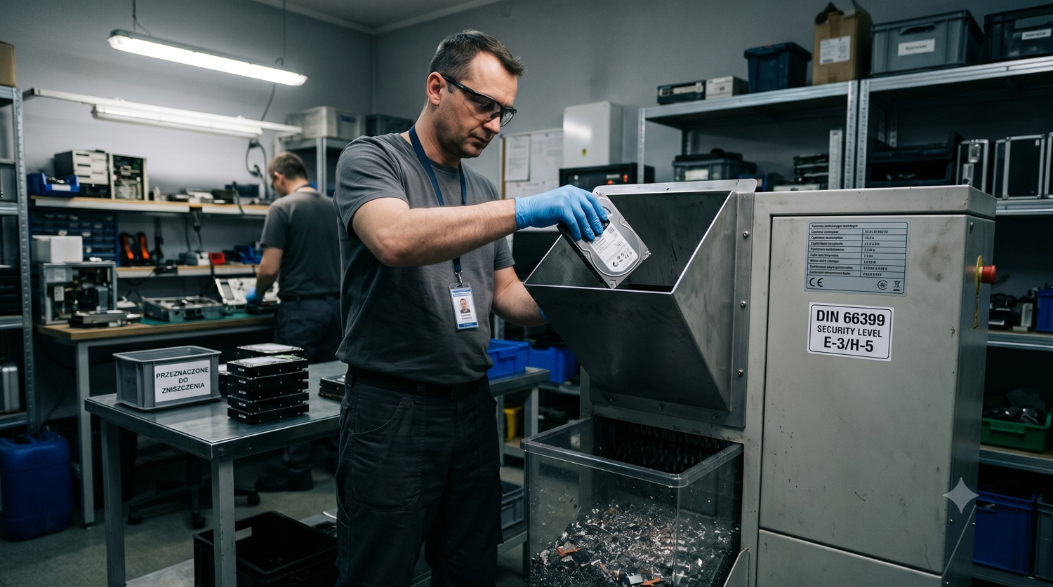 Technik niszczy dysk twardy HDD w profesjonalnej niszczarce przemysłowej zgodnie z normą DIN 66399